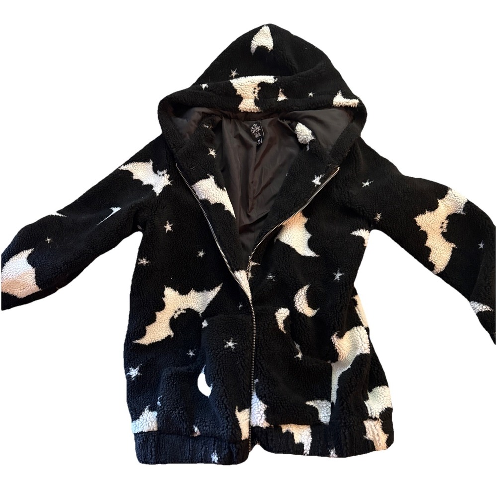 The Grave Girls Hoodie Womens Medium Black Bat Moon Star Sherpa ZipGoth Grunge